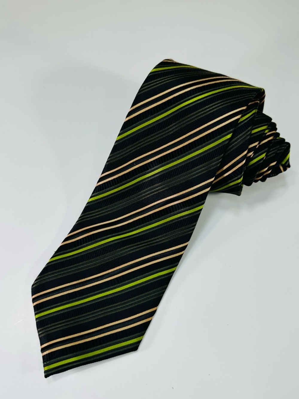 Black Striped Silk Tie with Green and Gold Accents
